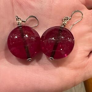 Red Sphere Festive Earrings with Silver Hardware. Glass with Faint Lines.